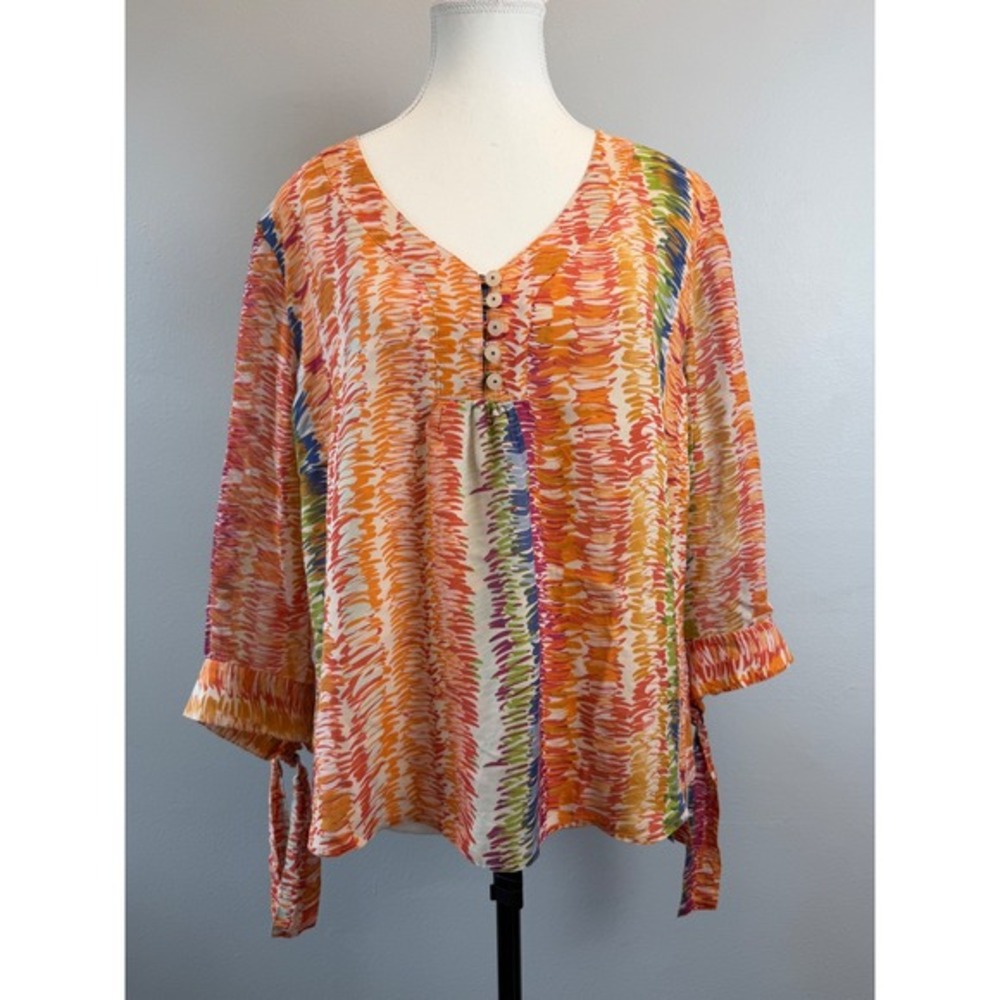 Coldwater Creek 100% Silk Blouse PXL Petite Orange Abstract Ikat Artsy Top Boho